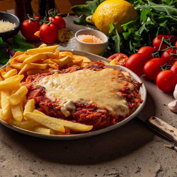 Schnitzel Parmigiana served with chips and Salad Online Ordering By Order Eats (2)